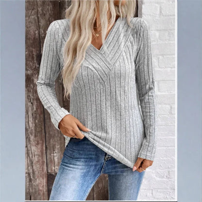 Women's V Neck Sweater Ribbed Texture