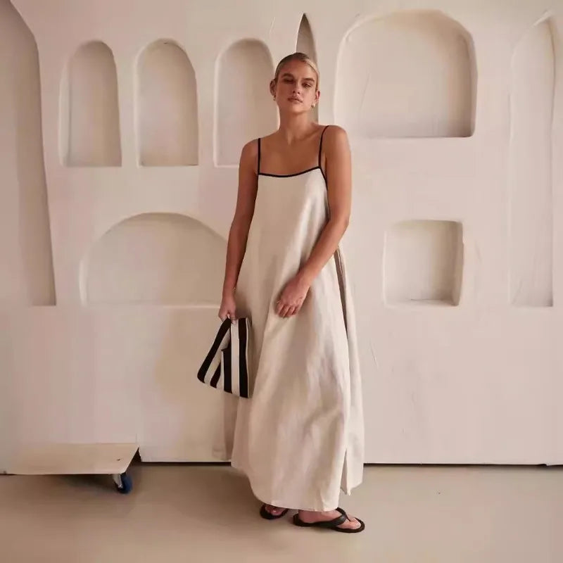 Casual Black and White Cotton Maxi Dress - VibreMode