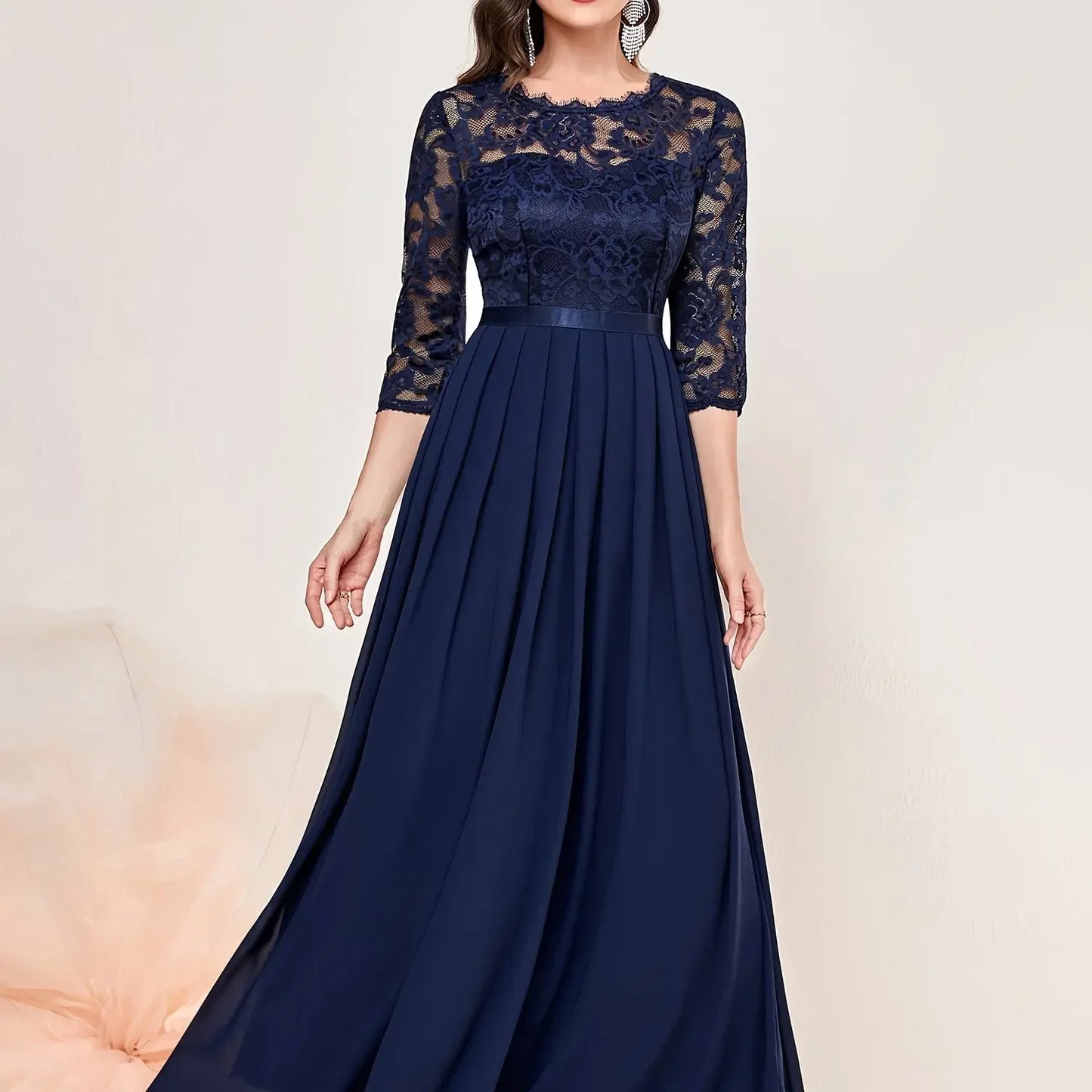 Elegant Lace Ruffled Cap Sleeve Party Gown