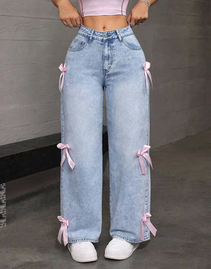 Women's Wide Leg Jeans High Waist Distressed Denim Blue