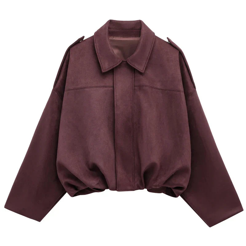 Women's Cropped Bomber Jacket Lapel Collar Zip Front