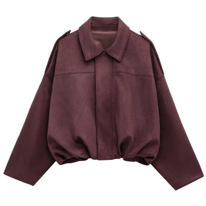 Women's Cropped Bomber Jacket Lapel Collar Zip Front