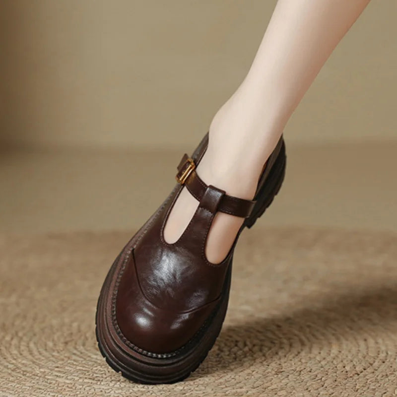 Women's T-Bar Mary Jane Shoes Round Toe Brogue Low Heel - VibreMode