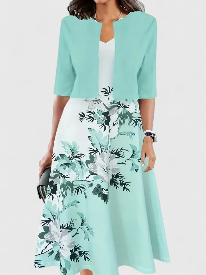 Women's Floral Midi A-Line Dress 3/4 Sleeve