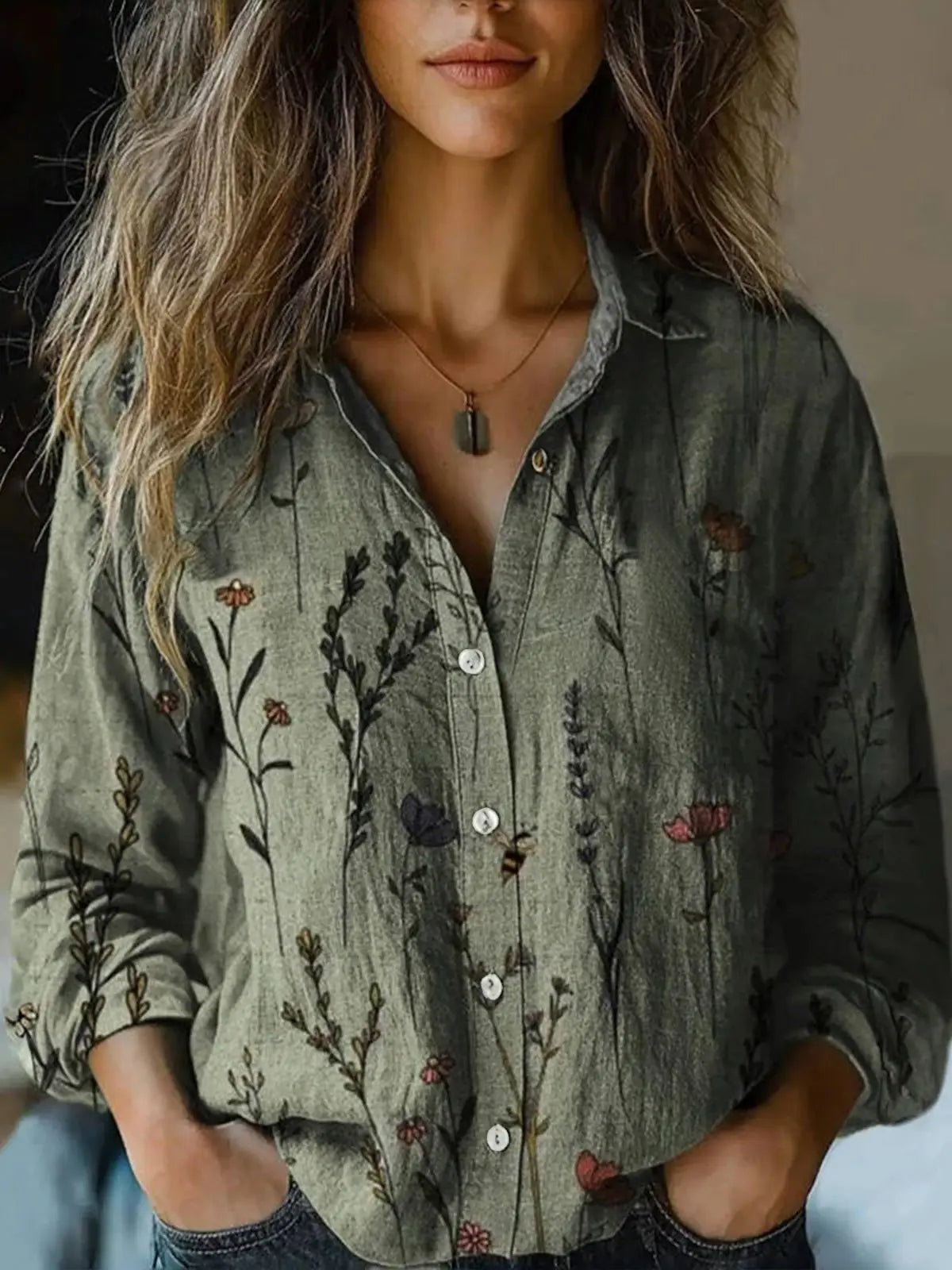 Women's Classic Floral Long Sleeve Button Down Shirt