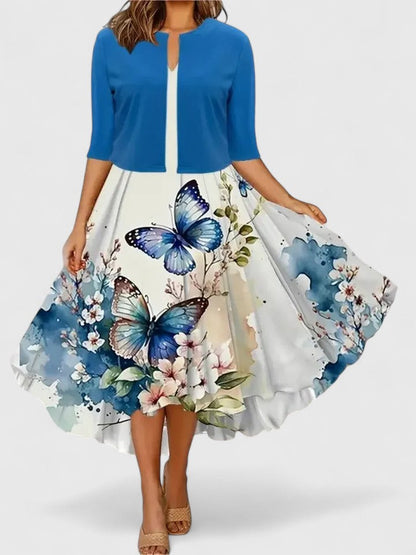 Women's Floral Midi A-Line Dress 3/4 Sleeve