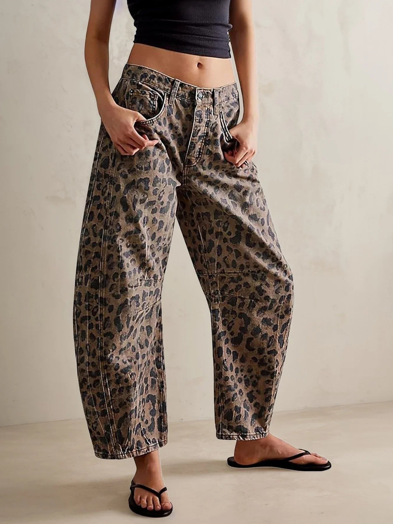 Women's Leopard Print Wide Leg Jeans Mid Waist Casual