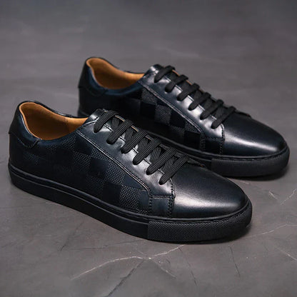 Men's Lace-Up Sneakers Low- Leather Comfortable Black
