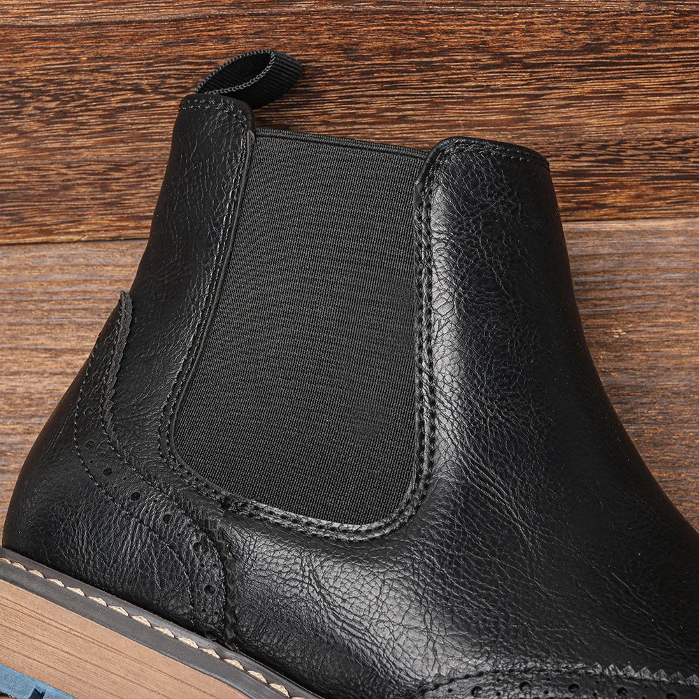Men's Chelsea Ankle Boots Leather Brogue Style Black