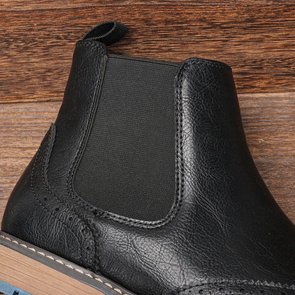 Men's Chelsea Ankle Boots Leather Brogue Style Black