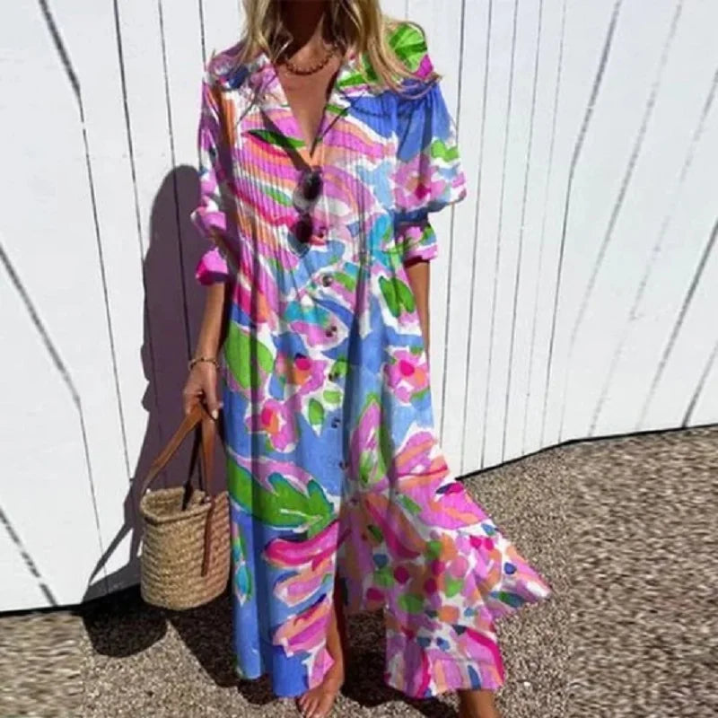 Women's Maxi Dress Collared Button Front Printed