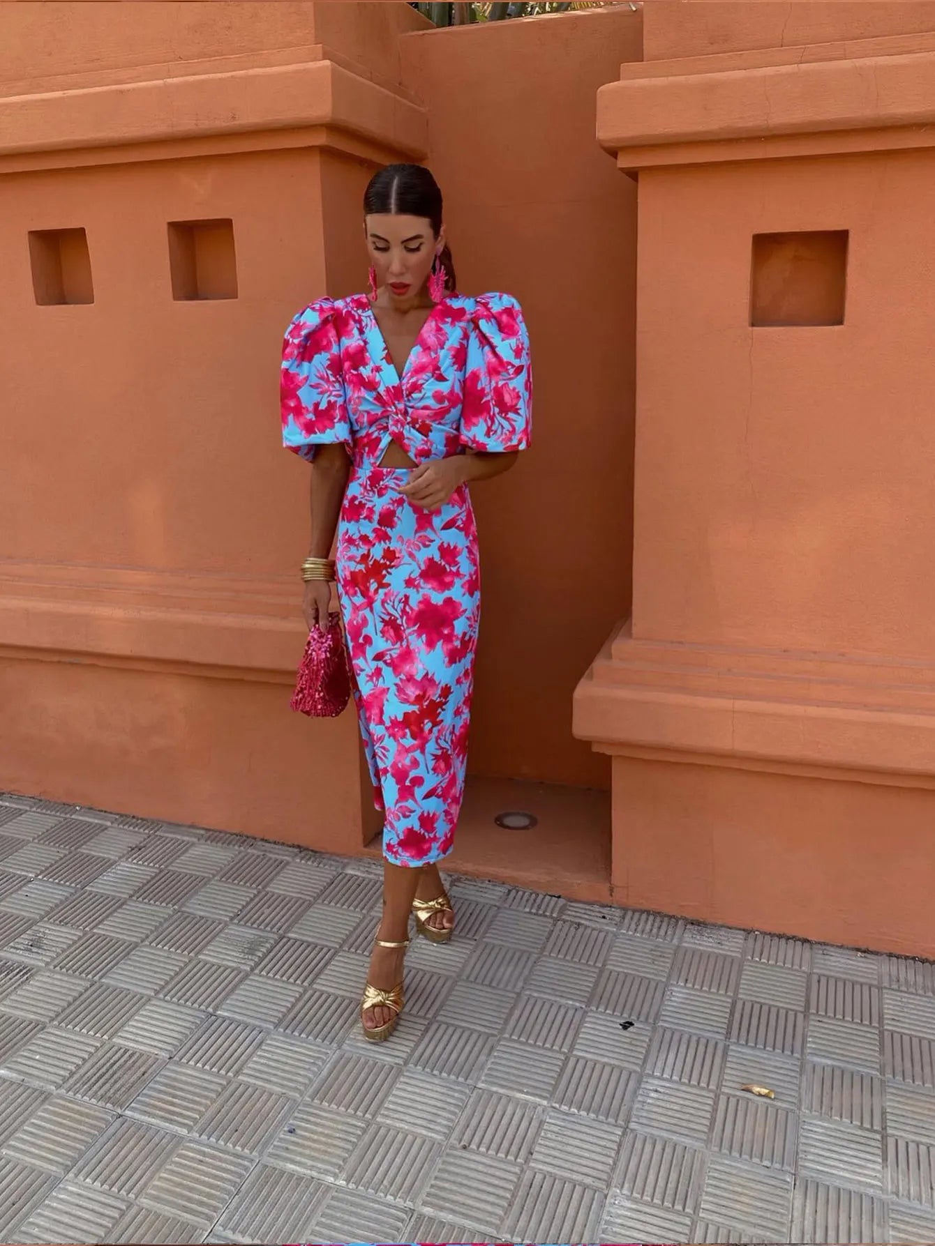 Vibrant Floral Puff Sleeve Midi Summer Dress