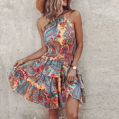 Women's Asymmetric Backless Mini Dress Printed Flowy
