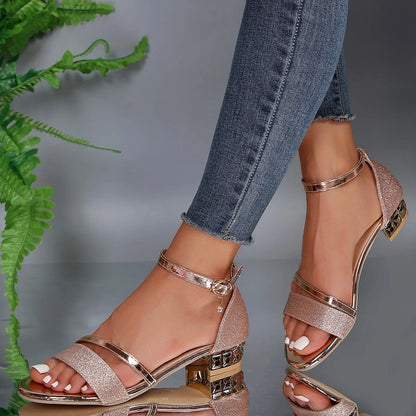 Elegant High Heel Ankle Strap Sandals with Gold Buckle