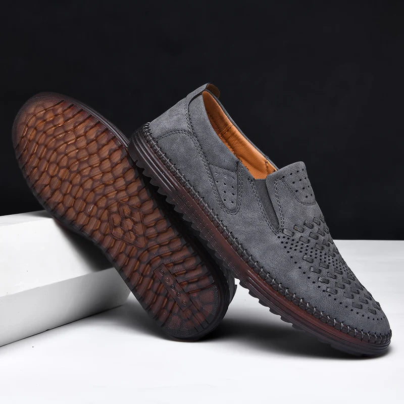 Men's Perforated Loafers Textured Leather Upper
