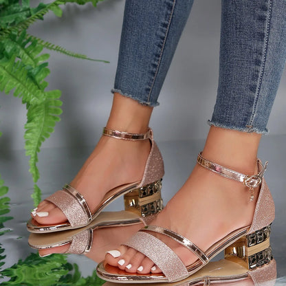 Elegant High Heel Ankle Strap Sandals with Gold Buckle