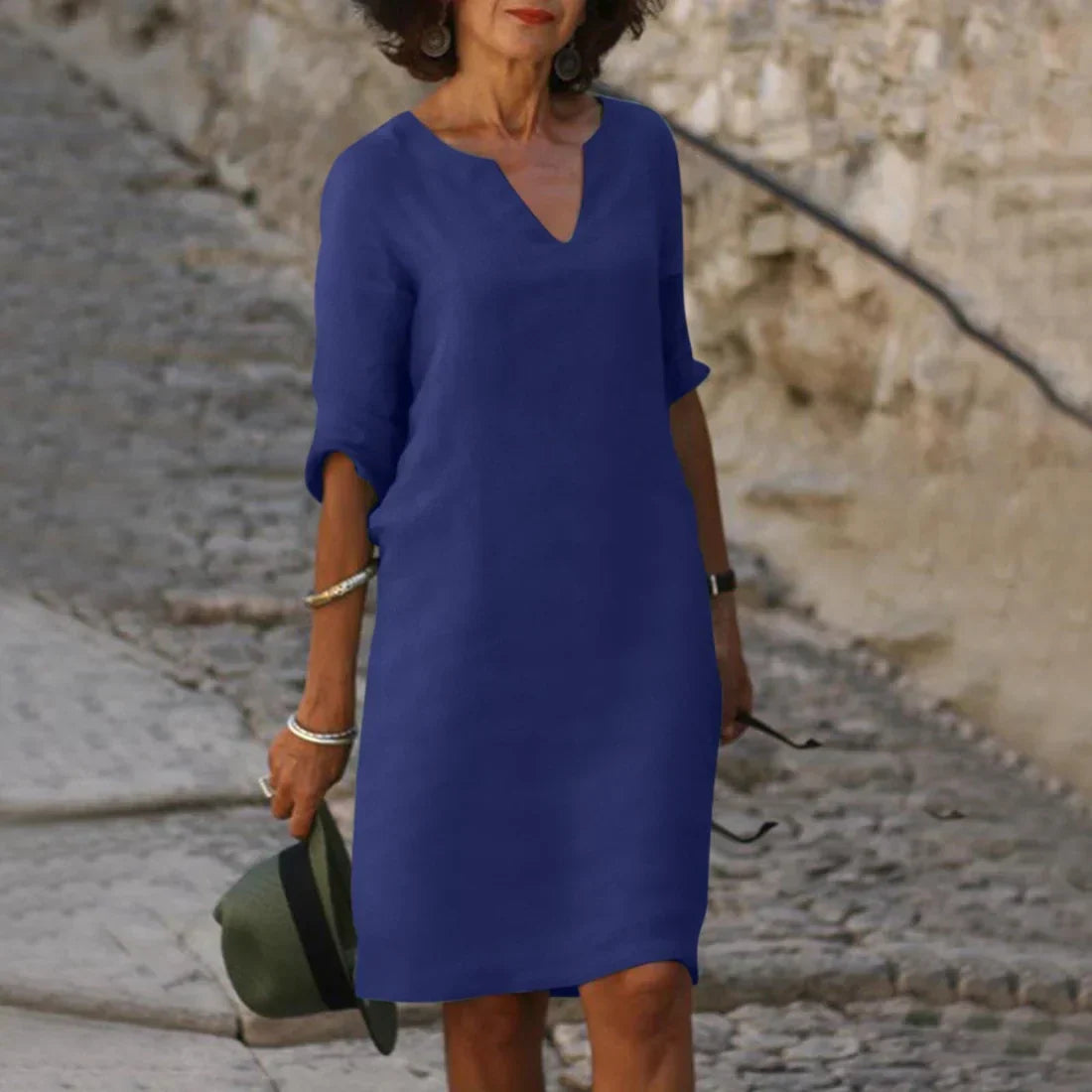 Women's V-Neck Mini Dress 3/4 Sleeves