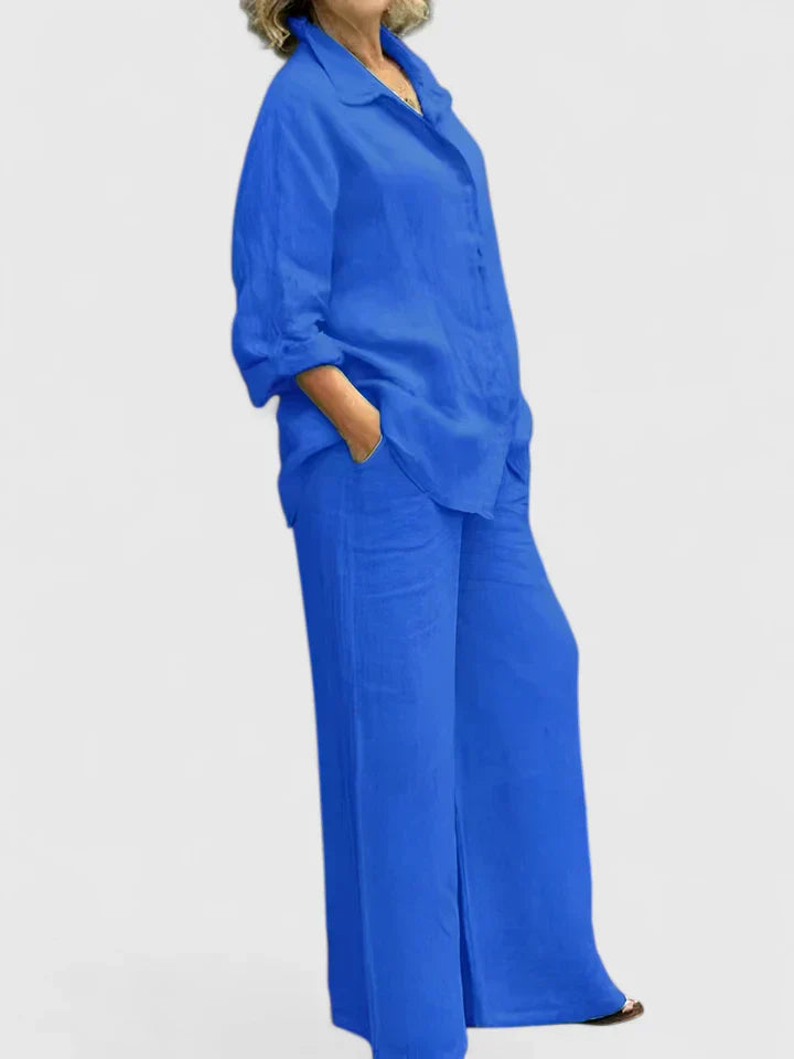 Women's Two-Piece Button-Down Shirt Set Wide Leg Pants