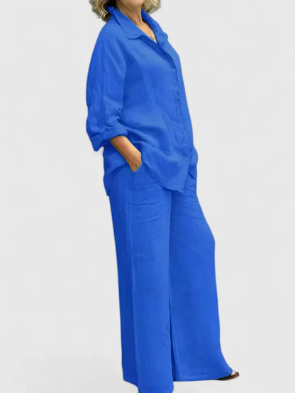 Women's Two-Piece Button-Down Shirt Set Wide Leg Pants