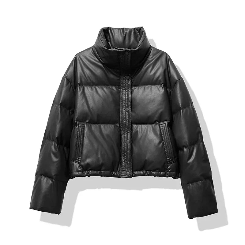 Women's Quilted Puffer Jacket Mock Neck Waterproof Black