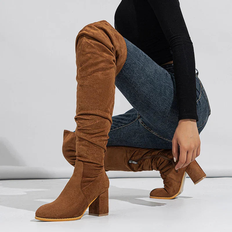 Women's Knee High Boots Pointed Toe Block Heel Slouch Black