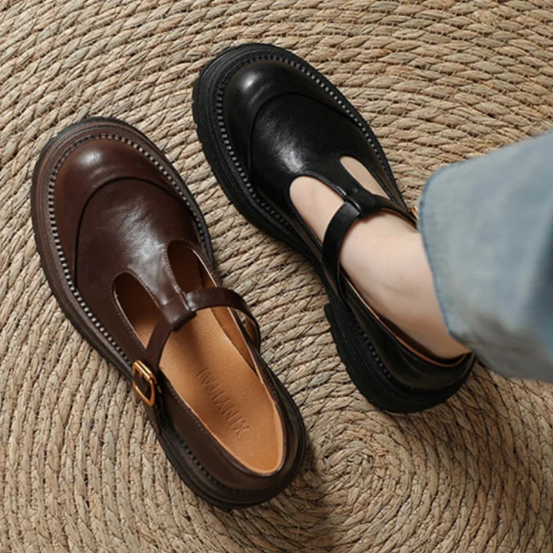 Women's T-Bar Mary Jane Shoes Round Toe Brogue Low Heel
