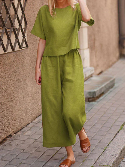 Women's Summer Two Piece Crew Neck T-Shirt And Pants