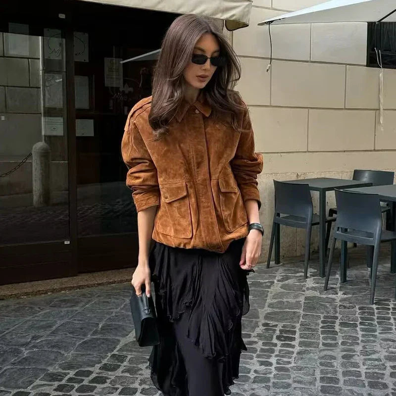 Women's Bomber Jacket Snap Buttons Flap Pockets
