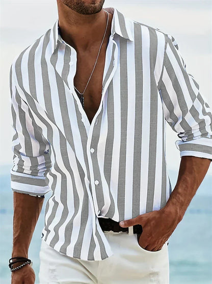 Men's Long Sleeve Vertical Striped Shirt Button Front