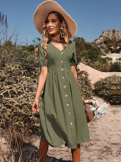 Women's V-Neck Cotton Dress Lightweight Beige - VibreMode