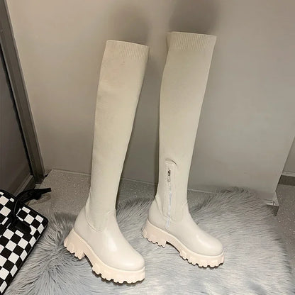 Women's Knee High Boots Stretch Fit Chunky Sole Side Zip Black