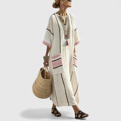 Relaxed Fit Women's Striped Linen V Neck Maxi Dress