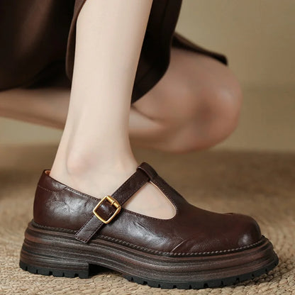 Women's T-Bar Mary Jane Shoes Round Toe Brogue Low Heel