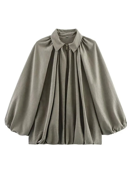 Women's Bomber Jacket Loose Fit Puffy Sleeves Zip Front Black