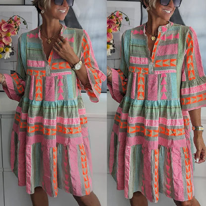Women's Geometric Print Dress Flared Sleeves