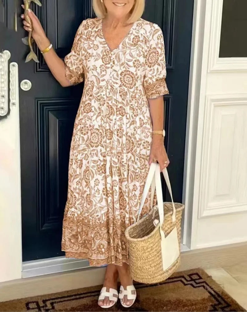 Women's Midi Boho Dress Loose Fit Short Sleeve