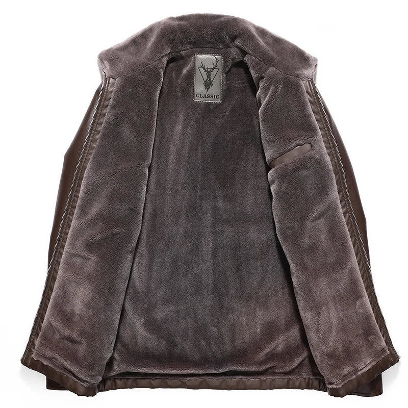 Men's Leather Motorcycle Jacket Warm Fleece Winter Coat