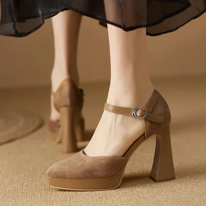 Ladies High Heel Ankle Strap Block Pumps Shoes