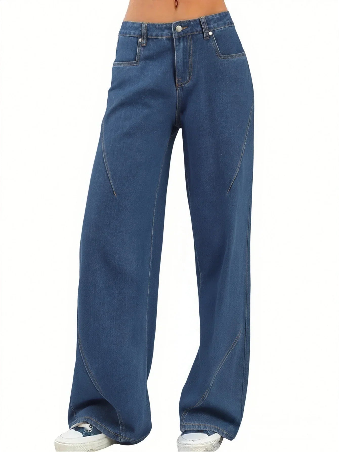 Women's Dark Blue Wide Leg Denim Jeans Comfortable Loose Fit