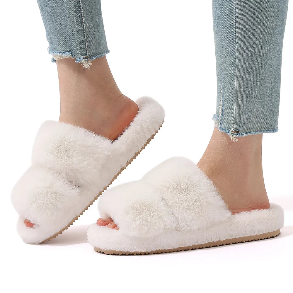 Women's Open Toe Plush Slippers Adjustable Strap Soft Sole