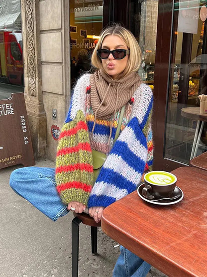 Women's Striped Knit Sweater Multicolor Long Sleeves
