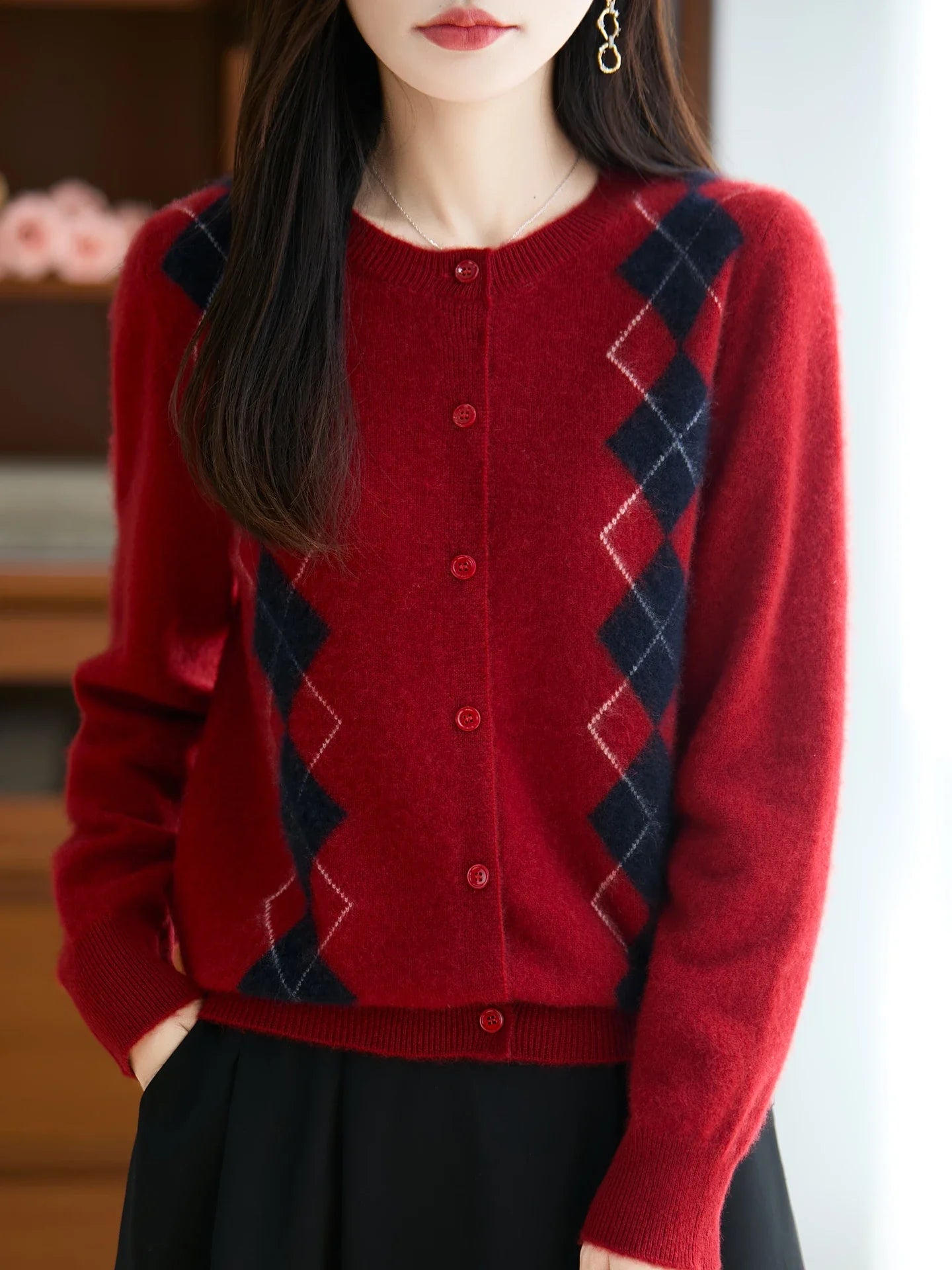 Merino Wool Blend Argyle Cardigan
