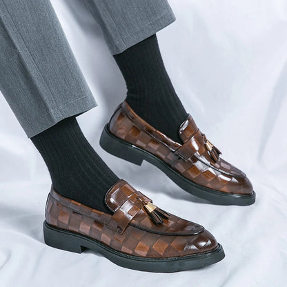 Men's Embossed Tassel Loafers Classic Leather Brown - VibreMode