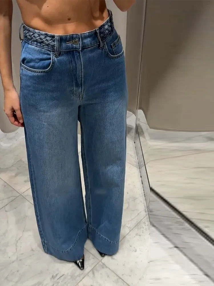 Women's Wide Leg Denim Trousers Braided Twist Blue