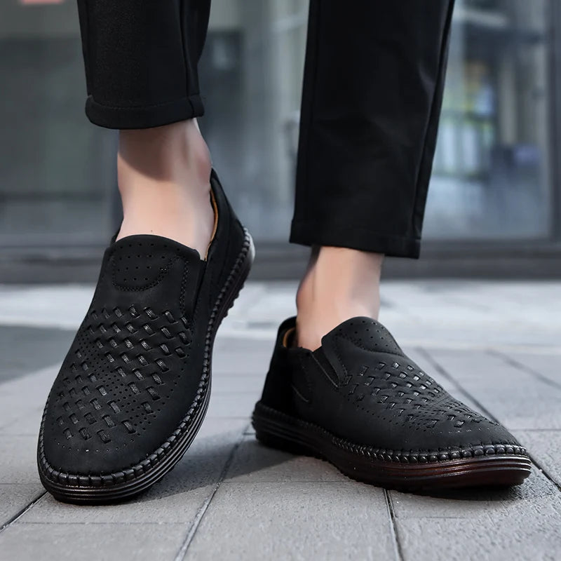Men's Perforated Loafers Textured Leather Upper