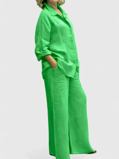 Women's Two-Piece Button-Down Shirt Set Wide Leg Pants
