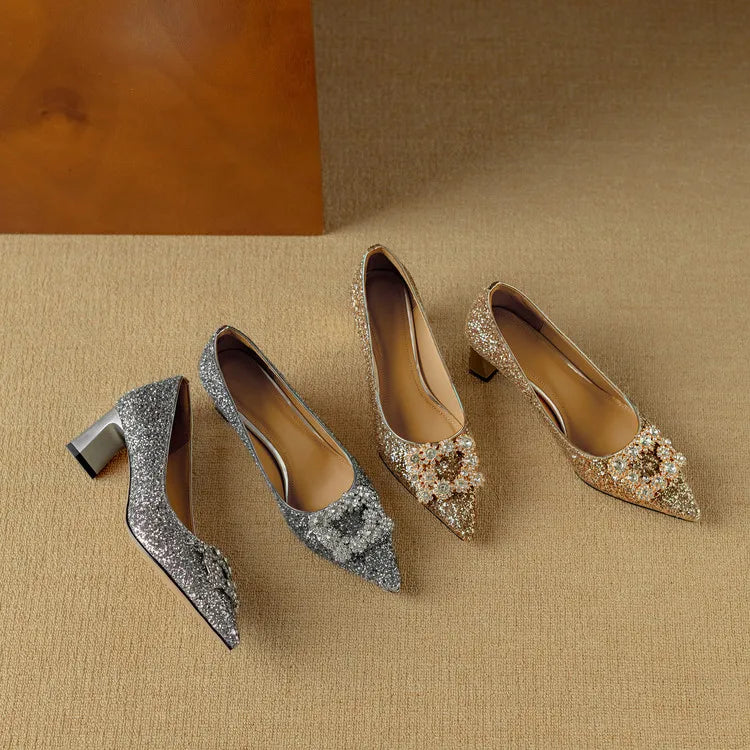 Women's Glitter Pumps Pointed Toe Crystal Buckle Heel