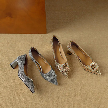 Women's Glitter Pumps Pointed Toe Crystal Buckle Heel