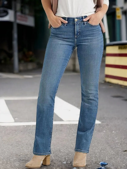 Women's Straight Leg Jeans Mid Waist Slim Fit Stretch Blue