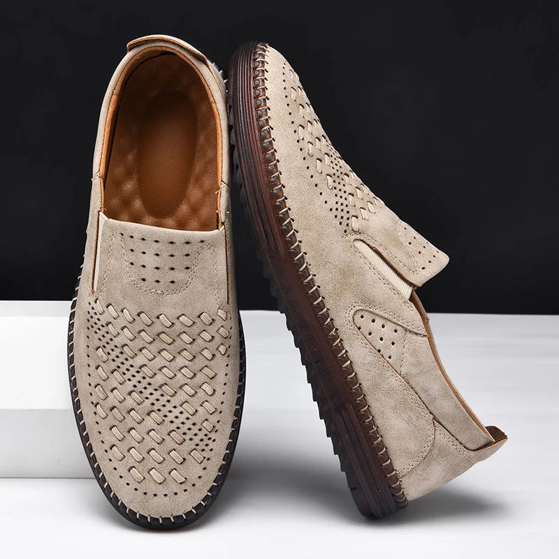 Men's Perforated Loafers Textured Leather Upper